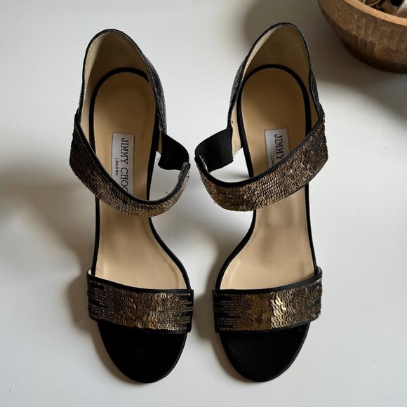 Jimmy Choo Black Satin Tallow Gold Sequin Open Toe Heel Sandals 41 - Picture 3 of 7